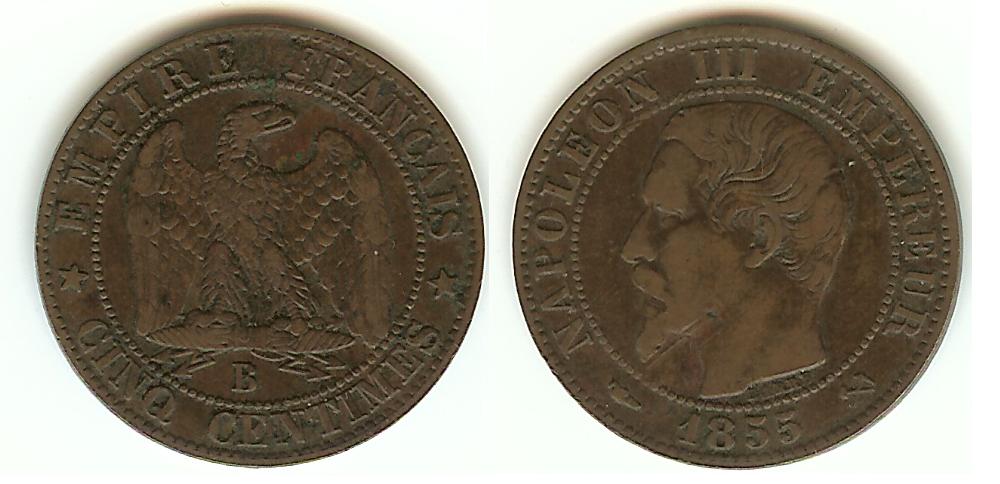 Cinq centimes Napoléon III, tête nue 1855 Rouen TB+ à TTB